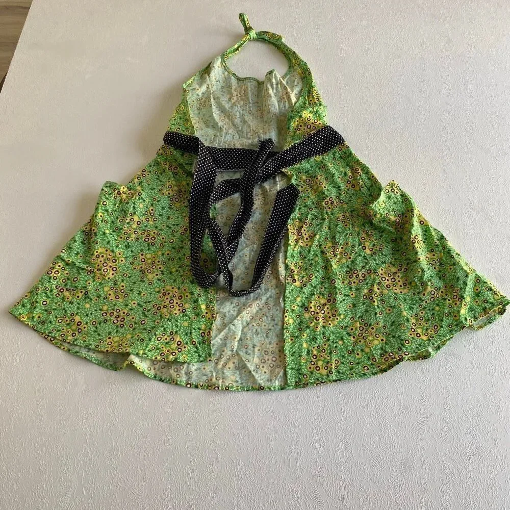 Kirsch Gluck Anthropologie Green Floral Halter Apron Dress Girls Vintage Style